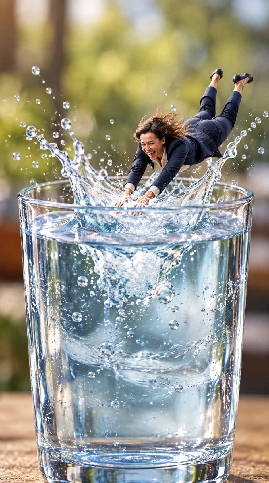 A joyful miniature woman in a smart navy suit diving straight into a glass of water