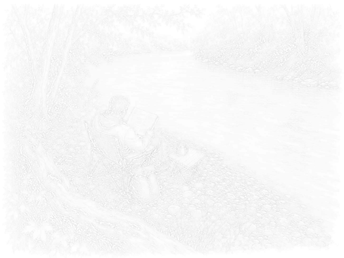 White line sketch of Phil sitting beside a river with a notebook, exploring how place affects attention and recovery