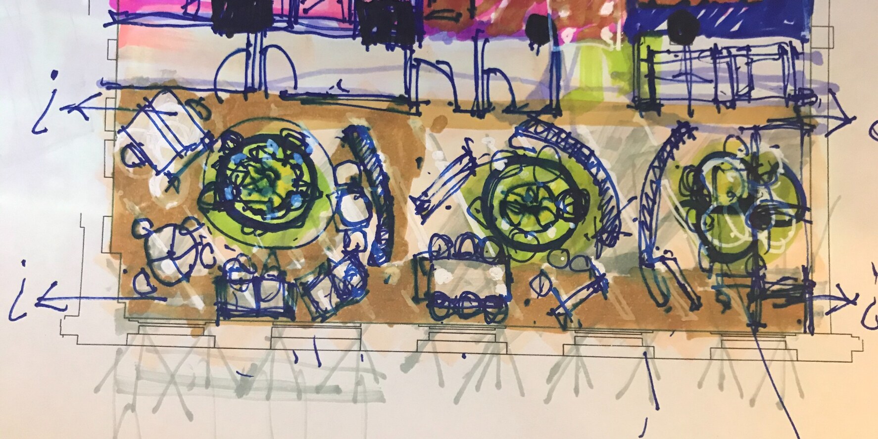 Hand-drawn spatial study in coloured marker, exploring seating, planting and routes through a shared space
